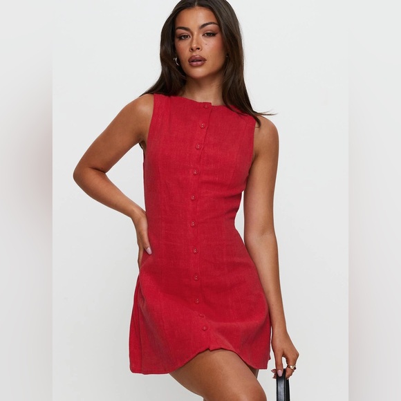 Princess Polly Dollie Linen Mini Dress Red - Picture 3 of 7